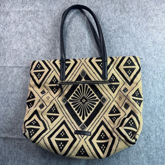 Lucky Brand Handbags - Lucky Brand Cassis Top Zip Tan Black Embroidered Boho Tote Shoulder Bag